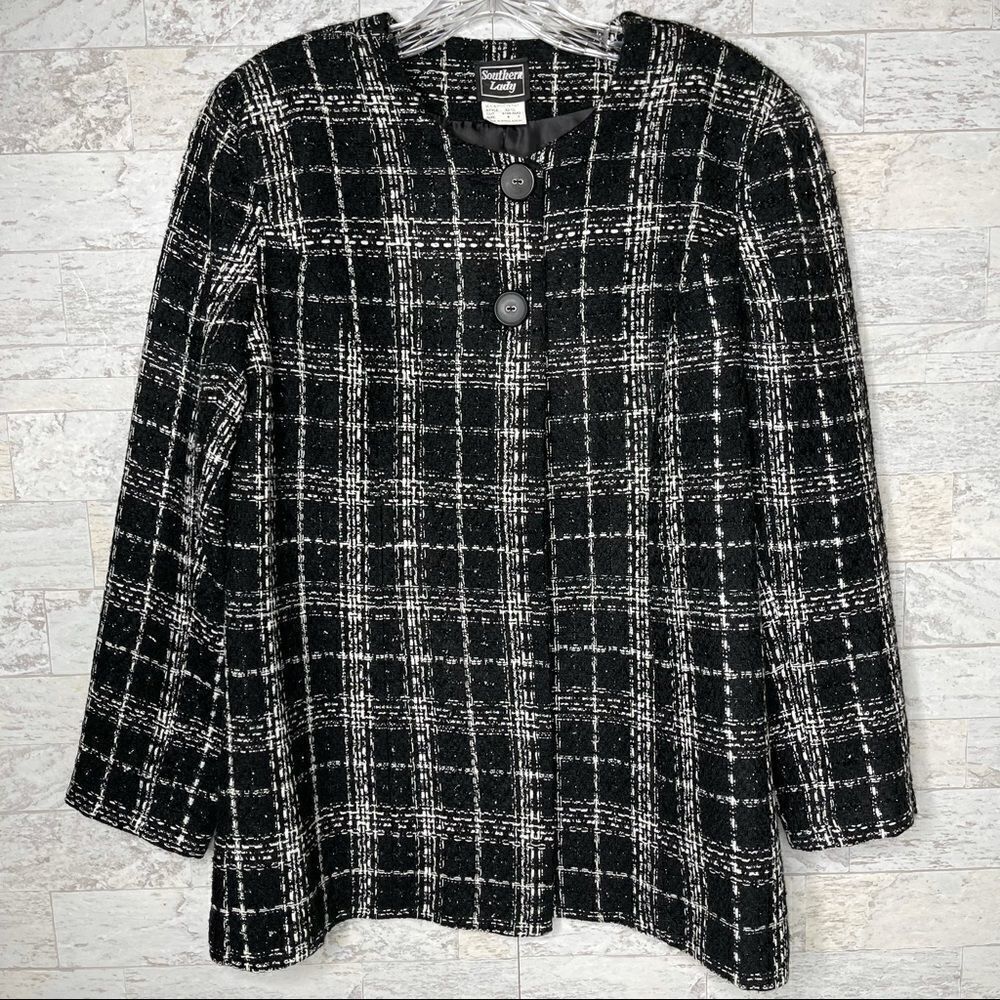 Southern Lady Black & White Tartan Plaid Tweed Blazer Shimmer Threading Size 8